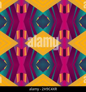 Geometric tile patchwork seamless pattern vector illustration Neon bright gradient yellow magenta colors Fashion abstract lines graphic design backgro Stock Vector