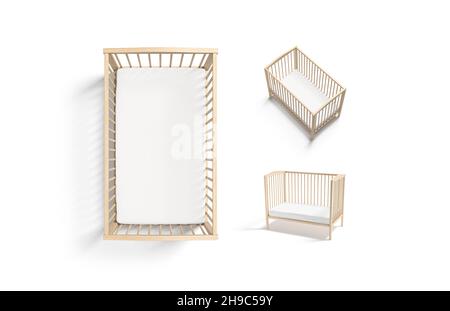 Blank wood cot with white crib sheet mockup, different views Stock Photo