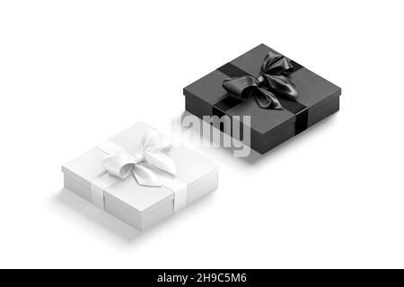 Blank black and white flat gift box with ribbon mockup Stock Photo