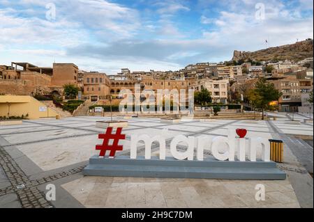 Mardin, Turkey. View of the square of the old Mardin city center with a sign Stock Photo