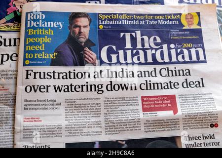 'Frustration at India and China over watering down climate deal' climate change Guardian newspaper front page headline 15 September 2021 in London UK Stock Photo