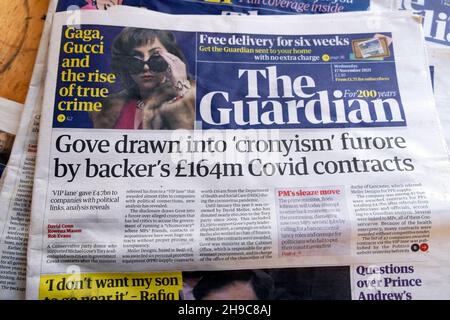 Michael 'Gove drawn into 'cronyism furore by backer's £164m Covid contracts' Guardian newspaper front page headline on 17 November 2021 in London UK Stock Photo