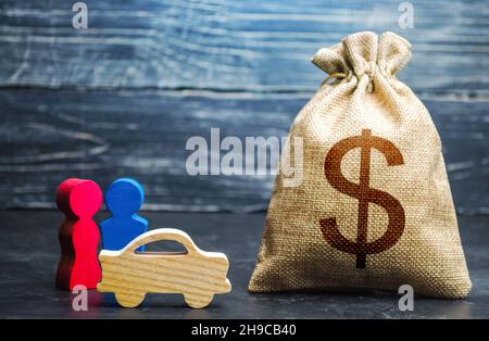 Couple figurines and dollar money bag. Wealth and earnings level. Transport policy. Budget. Social research, consumer preferences. Marketing and targe Stock Photo