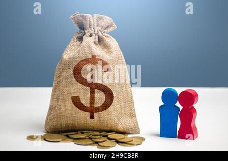 Couple figurines and dollar money bag. Social policy to encourage family creation. Budget. Social research, consumer preferences. Segmentation. Market Stock Photo