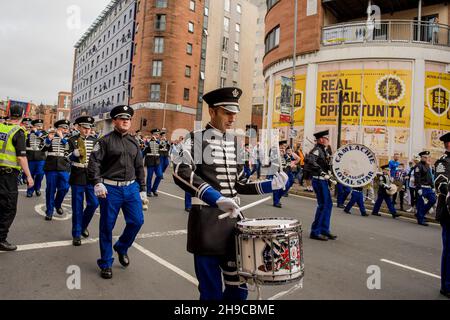 Thousands of members take part in the Orange marches,  celebrating the 200th anniversary of the first Battle of the Boyne parade which is  estimated that around 13,225 participants will take part.  Credit: Euan Cherry Stock Photo