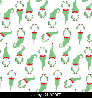 Seamless print set of Christmas Gnome, Scandinavian Nordic Gnome, Cute Christmas Santa Gnome Elf. Vector Illustration isolated on white background. Xm Stock Vector