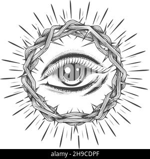Mystical Tattoo of all seeing Eye in a Crown of Thorns isolated on white. Vector illustration. Stock Vector