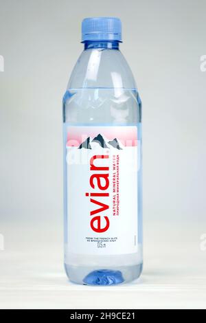 KHARKOV, UKRAINE - JULY 2, 2021: Bottle Of Evian Natural Mineral Water. Evian bottling factory located in Amphion, Haute-Savoie, France Stock Photo