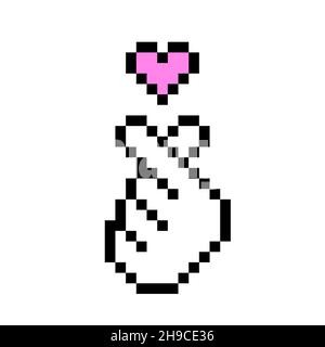 K pop love symbol pixel art icon Korean hand heart Stock Vector