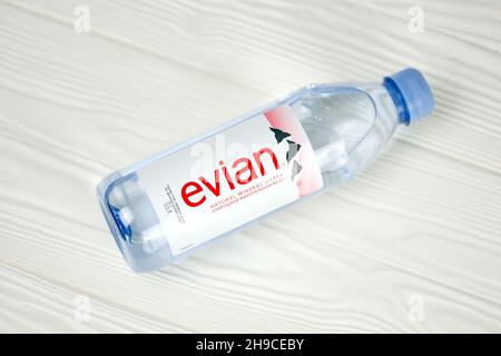 KHARKOV, UKRAINE - JULY 2, 2021: Bottle Of Evian Natural Mineral Water. Evian bottling factory located in Amphion, Haute-Savoie, France Stock Photo