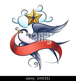 Tattoo of Flying Swallow with Star and Ribbon isolated on white. Vector illustration Stock Vector
