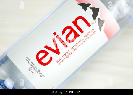 KHARKOV, UKRAINE - JULY 2, 2021: Bottle Of Evian Natural Mineral Water. Evian bottling factory located in Amphion, Haute-Savoie, France Stock Photo