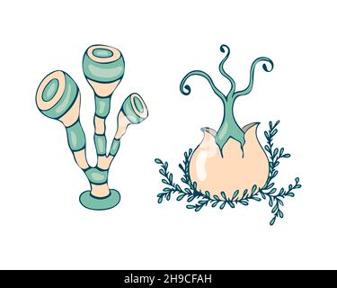 Unreal fantastic mushrooms hand-drawing doodling, isolated, white background. Vector illustration Stock Vector