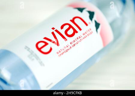 KHARKOV, UKRAINE - JULY 2, 2021: Bottle Of Evian Natural Mineral Water. Evian bottling factory located in Amphion, Haute-Savoie, France Stock Photo