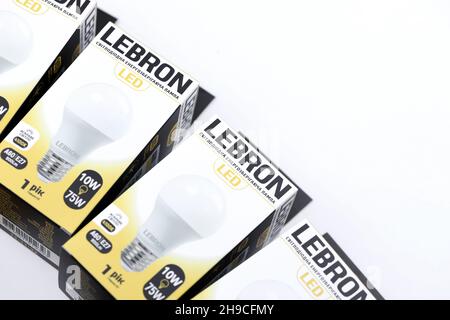 KHARKOV, UKRAINE - MARCH 30, 2021: Many Lebron LED light bulbs. Lebron is chinese light equipment manufacturer since 2017 Stock Photo