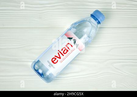 KHARKOV, UKRAINE - JULY 2, 2021: Bottle Of Evian Natural Mineral Water. Evian bottling factory located in Amphion, Haute-Savoie, France Stock Photo