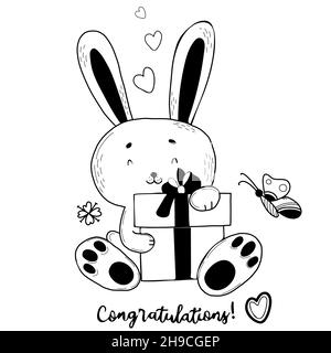 cute rabbit sits with big gift and butterfly. Vector illustration. Postcard in hand drawn linear doodle style. Funny animal for design and decoration Stock Vector