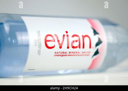 KHARKOV, UKRAINE - JULY 2, 2021: Bottle Of Evian Natural Mineral Water. Evian bottling factory located in Amphion, Haute-Savoie, France Stock Photo