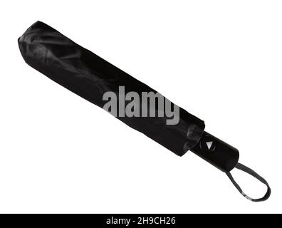 Black folded umbrella isolated on white. Clipping path included. Stock Photo