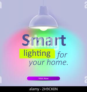 Hanging lamp with smart led bulb on multicolor background. Smart lighting concept. Stock Vector