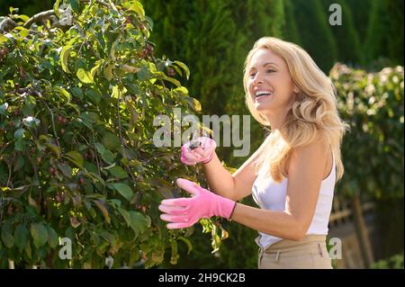 Pretty young blonde woman cutting plants in the garden Stock Photo