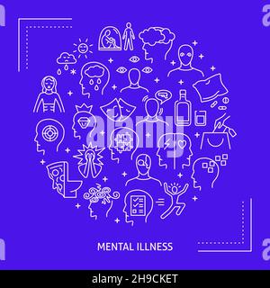 Mental illness round concept poster in thin line style. Psychological problems banner with place for text. Vector illustration. Stock Vector