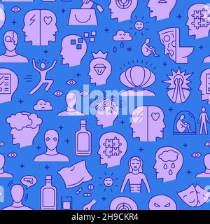 Mental disorders seamless pattern in colored line style. Psychological problems background. Vector illustration. Stock Vector