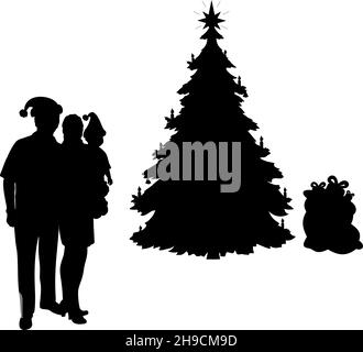 Silhouettes family by the Christmas tree. Happy New Year. Stock Vector