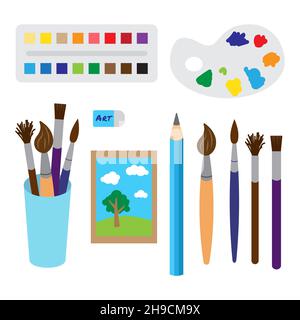 Big set or art supplies for painting and drawing. Different brushes, eraser, pencil, paints, color palette and painting. Goods for artist and creative Stock Vector