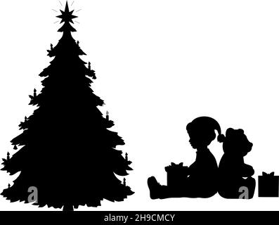 Silhouettes of boy and toy bear with gifts by near the Christmas tree. Stock Vector
