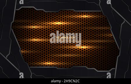 Dark yellow hexagon tech colorful carbon fiber background with technology shapes frame border. Stock Vector