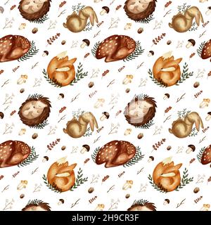 Watercolor woodland animals. Cute sleeping deer, hendehog, fox, bunny on white background. Use for textile, nursery, wallpapers, wrappers. Stock Photo
