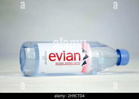 KHARKOV, UKRAINE - JULY 2, 2021: Bottle Of Evian Natural Mineral Water. Evian bottling factory located in Amphion, Haute-Savoie, France Stock Photo