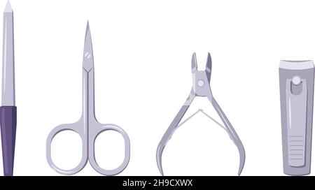 A set of tools for manicure and pedicure. Scissors, tweezers and nail files icons. Elements for beauty salon and hand and finger care at home. Vector flat illustration Stock Vector