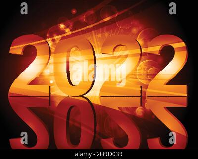 2022 New Year Glowing Background With Date Reflection Stripes And Stars Stock Vector
