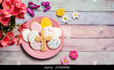 Easter sugar cookies on pink Stock Photo
