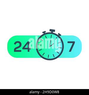 24-7 service. 24 hours a day and 7 days a week service icon. Support service concept with stopwatch and numbers 24-7. Vector Stock Vector