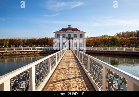 Peterhof, St. Petersburg, Russia - October 06, 2021: Marly Palace and Sectoral Pond in the Lower Park of Peterhof Stock Photo