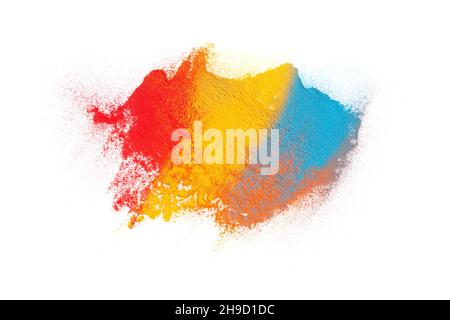 Colorful abstract chemical powder paint mixture and splatter on white background. Isolated multicolored paint explosion and textured dust partices. Cr Stock Photo
