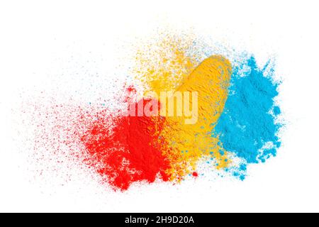 Colorful abstract chemical powder paint mixture and splatter on white background. Isolated multicolored paint explosion and textured dust partices. Cr Stock Photo