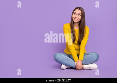 Full Size Photo Of Thoughtful Dreamy Positive Girl Wear Striped Shirt 