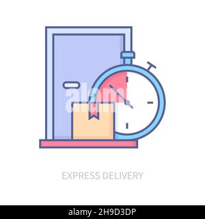 Express delivery - modern line design style icon on white background. Neat detailed image of door, box and stopwatch. Sophisticated logistics, goods a Stock Vector
