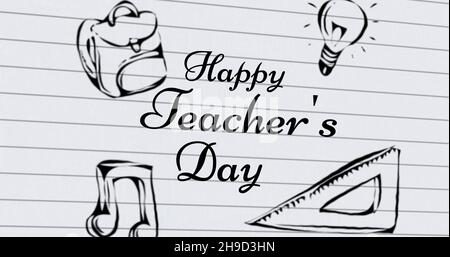 Digitally generated image of happy teacher's day text with school supplies on single line page Stock Photo