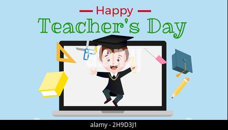 Digitally generated image of boy with happy teacher's day text against laptop over blue background Stock Photo