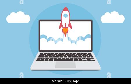 Rocket launch from laptop screen in the sky flying over clouds. Space ship in smoke clouds. Rocket flying. Business concept. Start up template. Vector Stock Vector