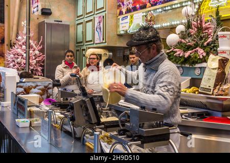 BRUSSELS, BELGIUM - DECEMBER 17, 2018: Waffles stall at the St Catherine Christmas Market in Brussels, capital of Belgium Stock Photo