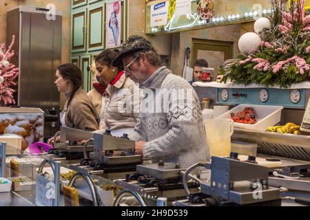 BRUSSELS, BELGIUM - DECEMBER 17, 2018: Waffles stall at the St Catherine Christmas Market in Brussels, capital of Belgium Stock Photo