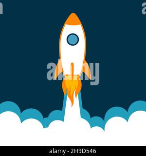 Rocket flying over cloud. Rocket launch icon. Vector illustration with flying shuttle. Space travel. Space rocket launch. New project start up concept Stock Vector