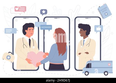 Doctor cardiologist and patient holding heart vector illustration. Cartoon people on medical checkup for cardiac diseases on screens of mobile phones, therapy and diagnostics. Cardiology concept Stock Vector