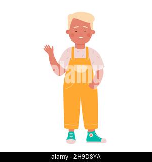 Cute little blonde boy waving greetings hello. Friendly cheerful contactless cultural posture gesture Stock Vector